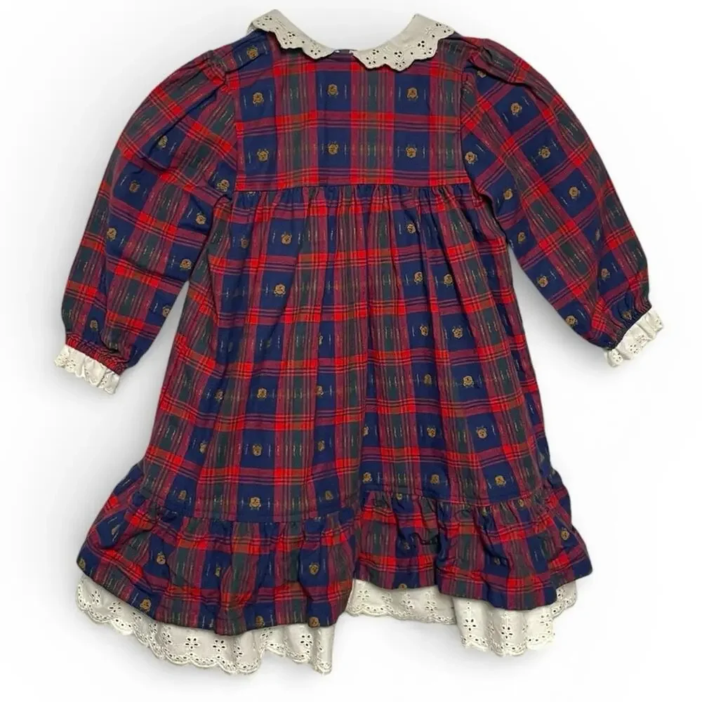Vintage girls red blue Plaid teddy bear Dress with Lace Collar trim bows size 5